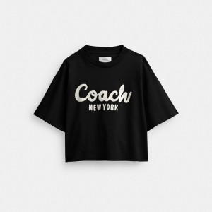 Black Coach Cursive Signature Cropped T Shirt | COH865996