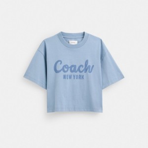 Blue Coach Cursive Signature Cropped T Shirt | COH865993