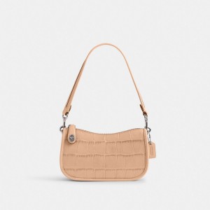 Croc Embossed Leather/Silver/Buff Coach Swinger Bag 20 | COH864822