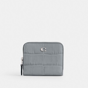 Croc Embossed Leather/Silver/Grey Blue Coach Billfold Wallet | COH865572