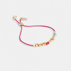 Gold/Multi Coach Cherry And Heart Multi Charm Leather Slider Bracelet | COH866228