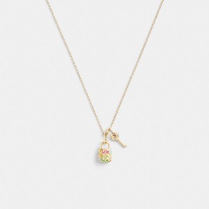 Gold/Multi Coach Rainbow Quilted Padlock Key Pendant Necklace | COH866143