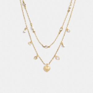 Gold/Pearl Coach Layered Heart Charm Necklace | COH866208