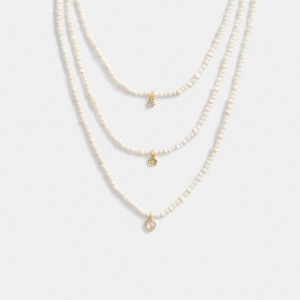 Gold/Pearl Coach Layered Pearl Charm Necklace | COH866207