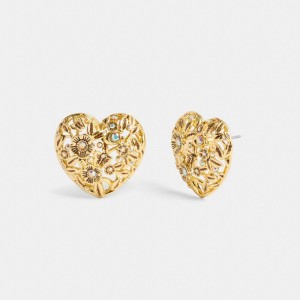 Gold Coach Vintage Heart Statement Stud Earrings | COH866144