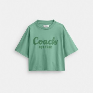 Green Coach Cursive Signature Cropped T Shirt | COH865994