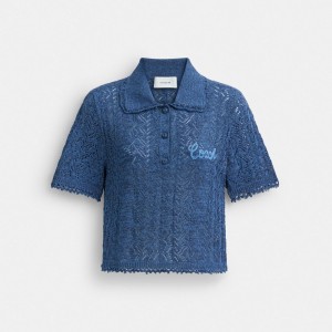 Navy Coach Cropped Knit Polo Top | COH866005