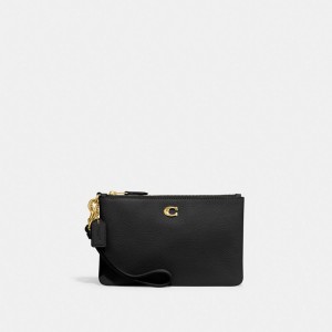 Polished Pebble Leather/Brass/Black Coach Small Wristlet | COH865644