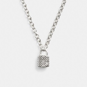Silver/Black Coach Quilted Padlock Chain Necklace | COH866090