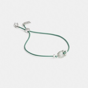 Silver/Green Coach Pavé Signature Leather Slider Bracelet | COH866227
