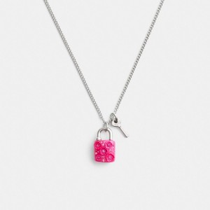 Silver/Pink Coach Tea Rose Padlock And Key Pendant Necklace | COH866212