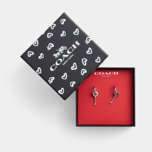 Silver/Pink Multi Coach Pavé Key Mismatch Huggie Earrings | COH866214