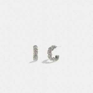 Silver Coach Pavé Tea Rose Hoop Earrings | COH866118