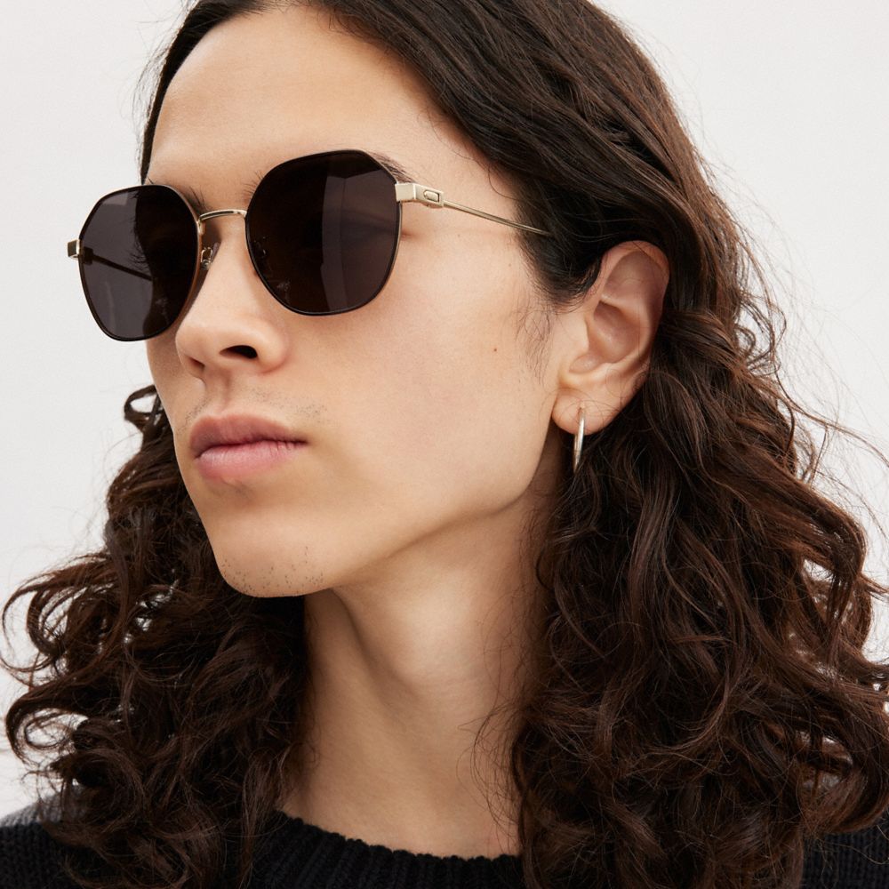 Antique Gold/Wine Coach Hinged Geometric Round Sunglasses | COH867066
