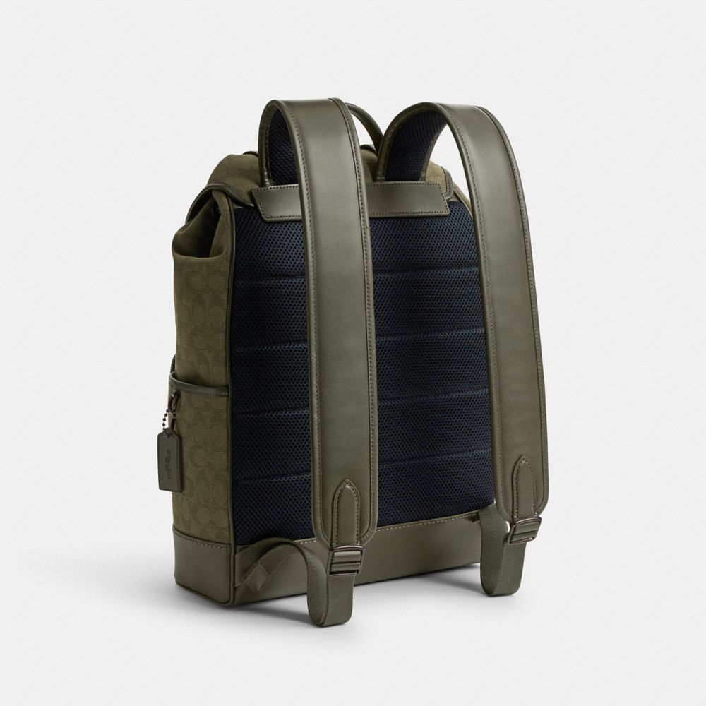 Army Green Coach League Flap Backpack In Signature Canvas Jacquard | COH866517
