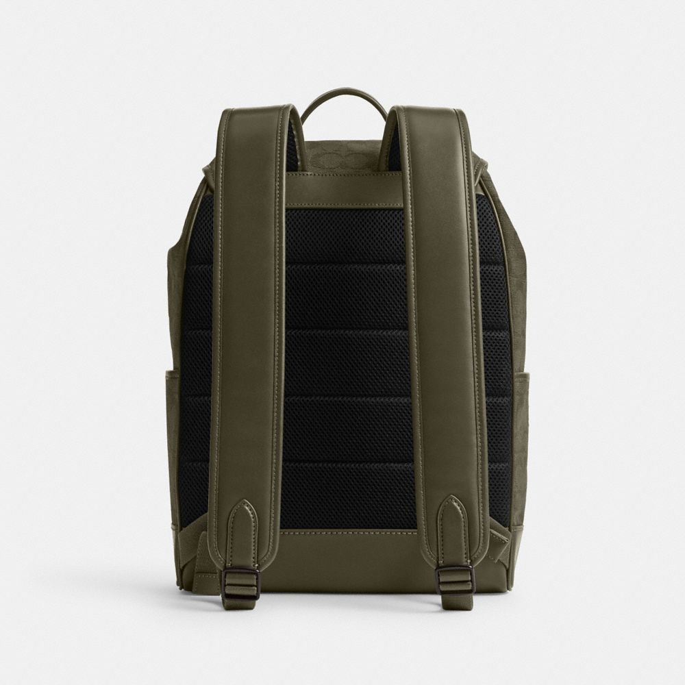 Army Green Coach League Flap Backpack In Signature Canvas Jacquard | COH866517