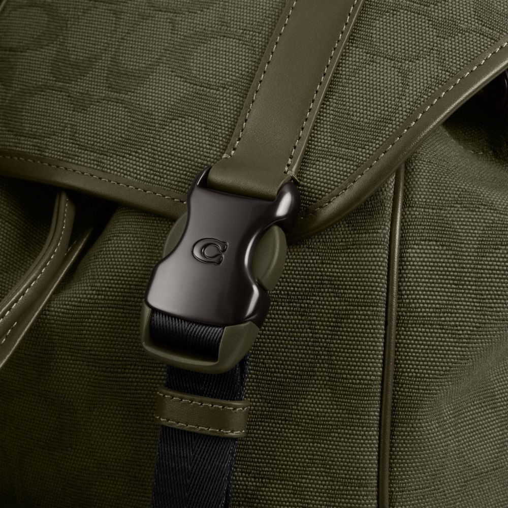 Army Green Coach League Flap Backpack In Signature Canvas Jacquard | COH866517