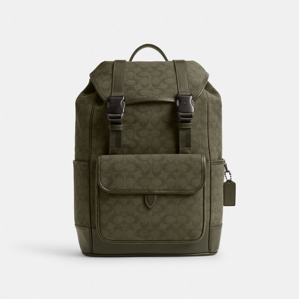 Army Green Coach League Flap Backpack In Signature Canvas Jacquard | COH866517