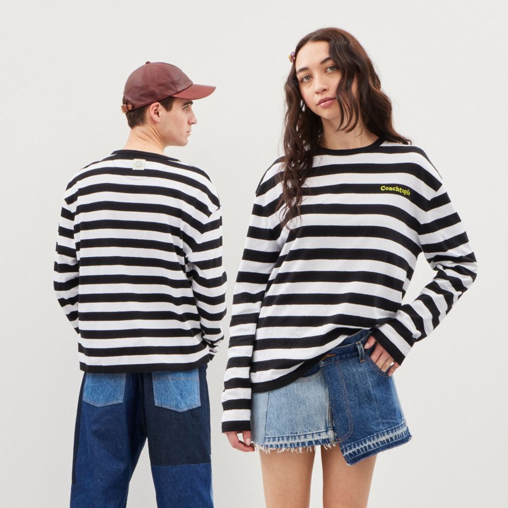 Black/Creme Coach Striped Long Sleeve T Shirt In 97% Recycled Cotton | COH866910