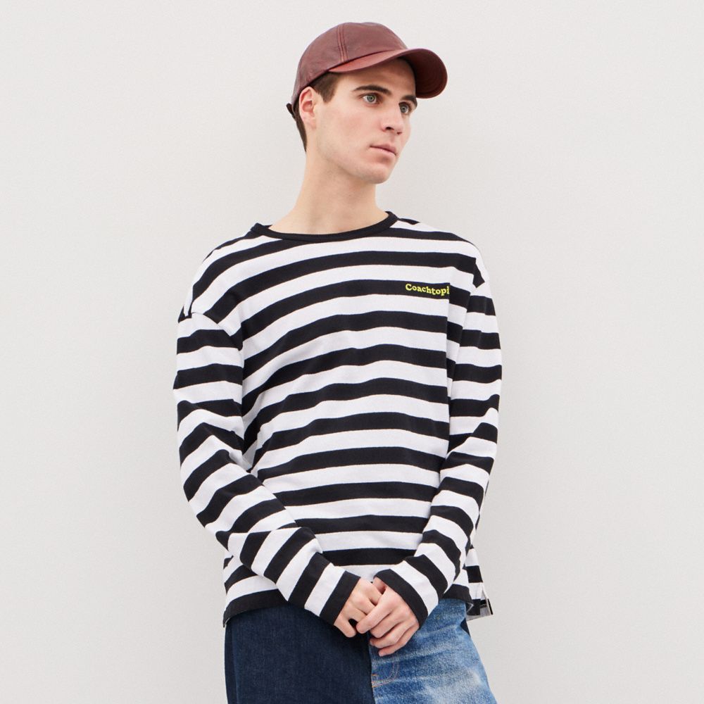 Black/Creme Coach Striped Long Sleeve T Shirt In 97% Recycled Cotton | COH866910