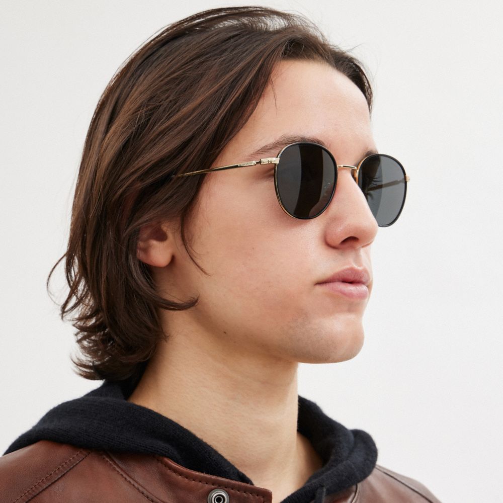 Black/Shiny Light Gold Coach Metal Windsor Round Sunglasses | COH867055