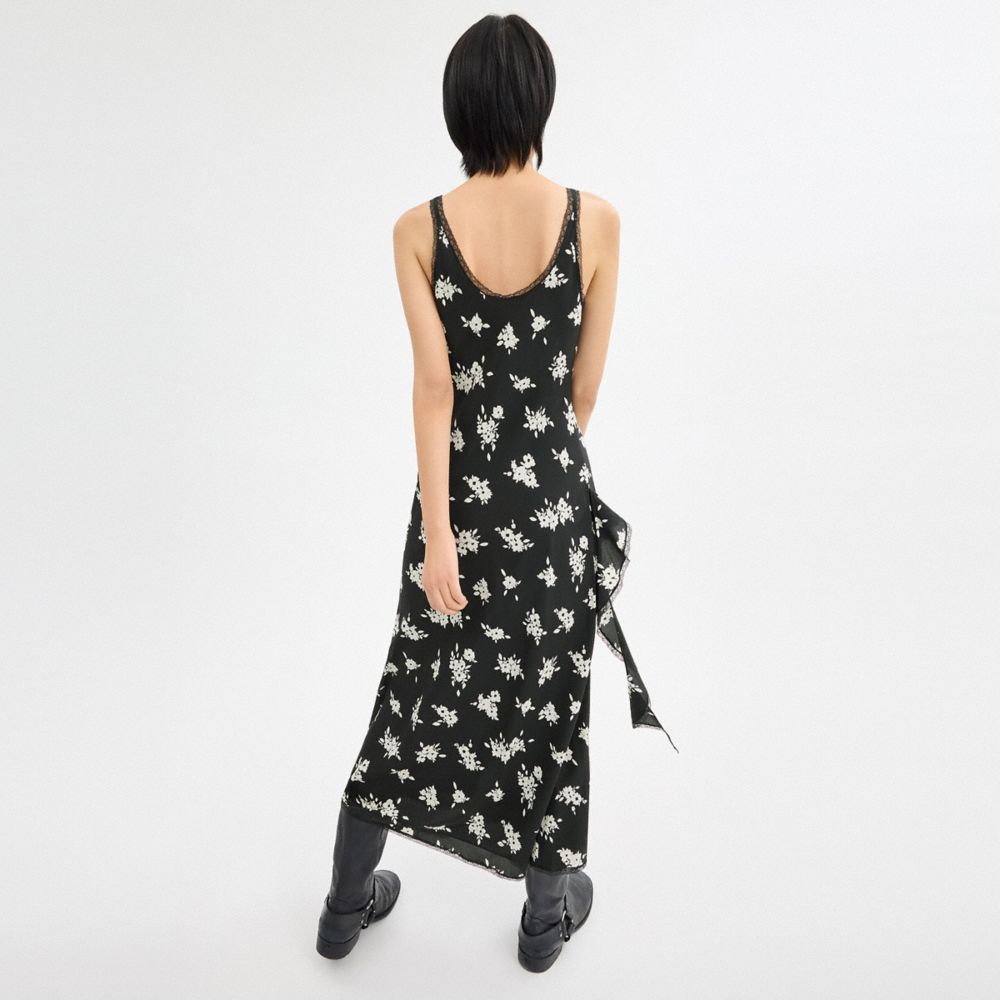 Black/White Multi Coach Long Floral Ruffle Dress | COH866064