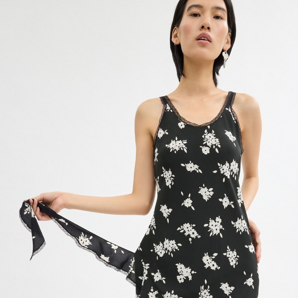 Black/White Multi Coach Long Floral Ruffle Dress | COH866064