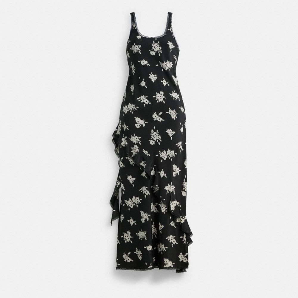Black/White Multi Coach Long Floral Ruffle Dress | COH866064