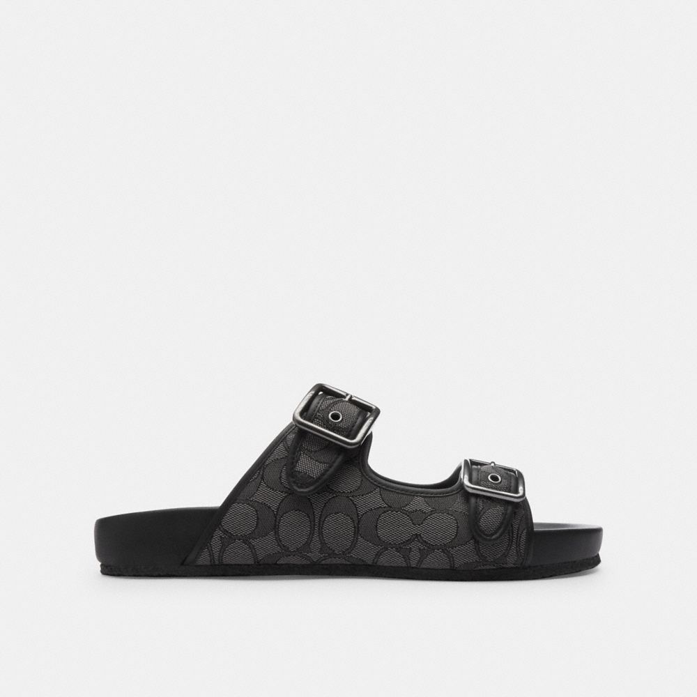 Black Coach Buckle Strap Sandal In Signature Jacquard | COH866850