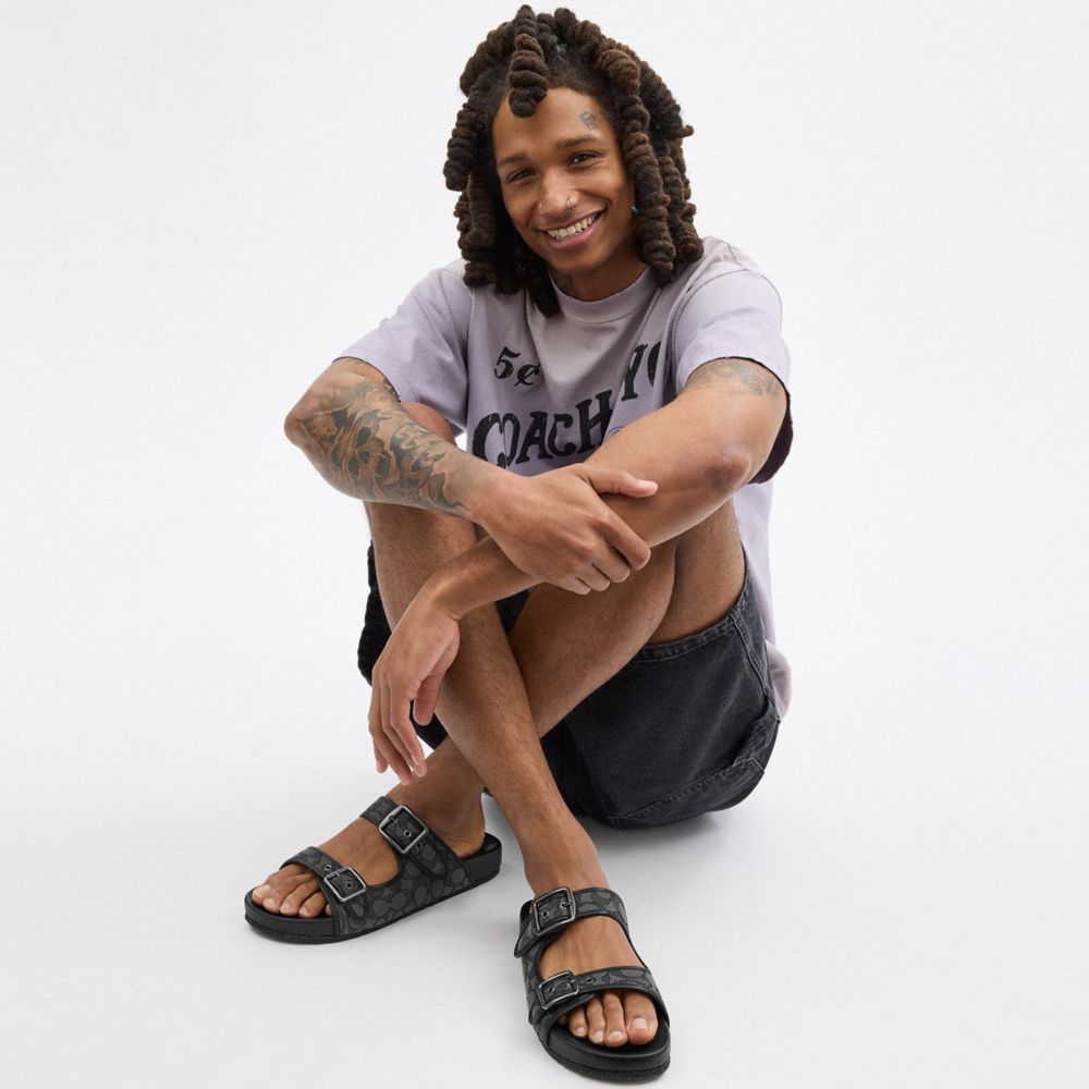 Black Coach Buckle Strap Sandal In Signature Jacquard | COH866850