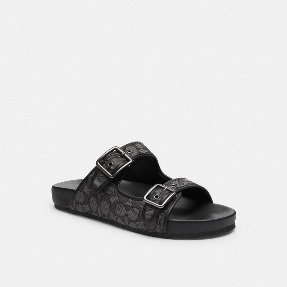 Black Coach Buckle Strap Sandal In Signature Jacquard | COH866850
