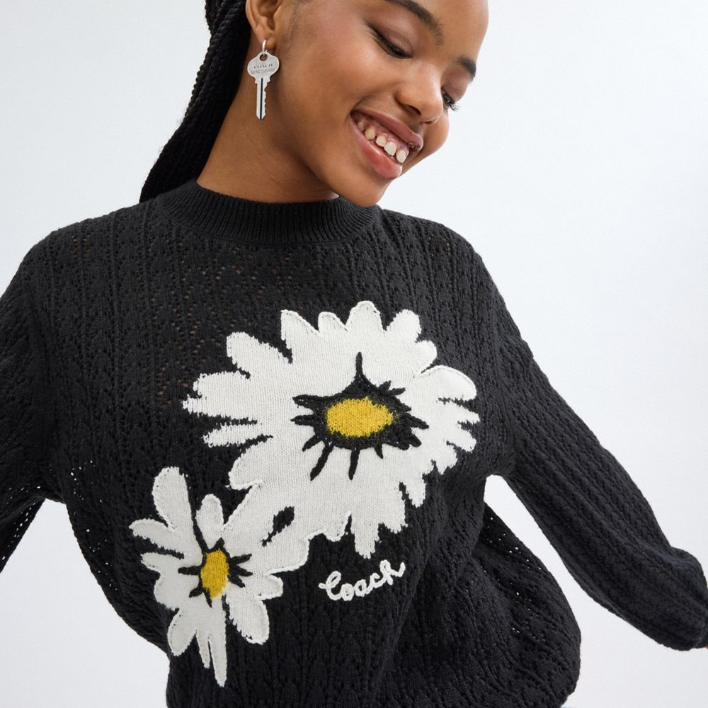 Black Coach Floral Crewneck Sweater | COH865999