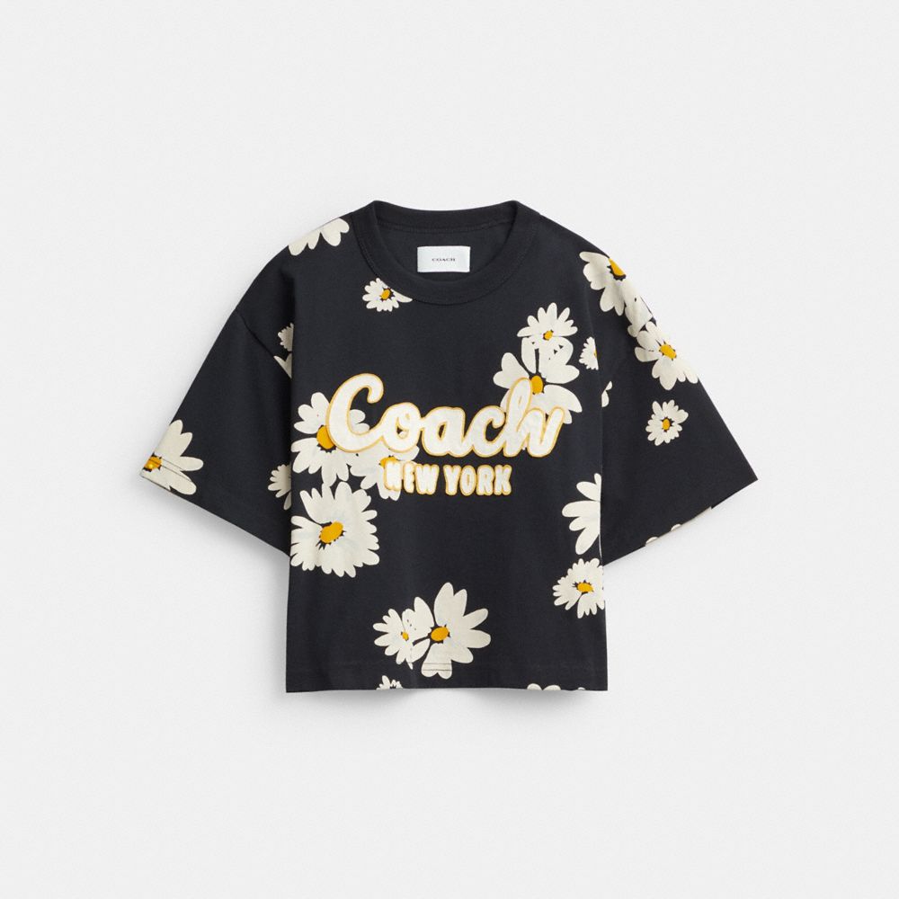 Black Coach Floral Cropped Signature Script T Shirt In Organic Cotton | COH865998