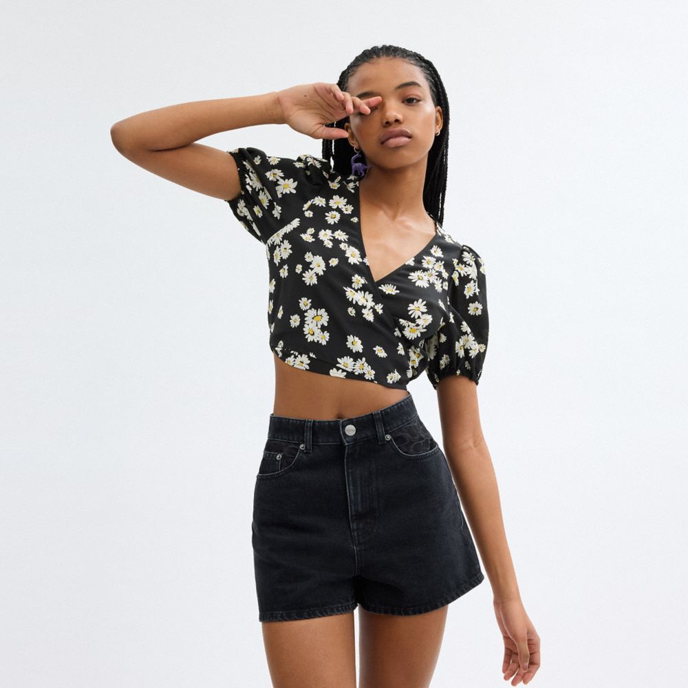Black Coach Floral Wrap Blouse | COH866000