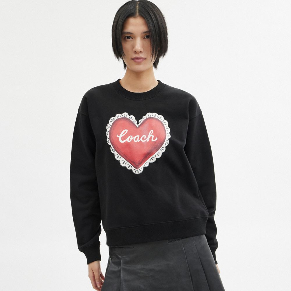 Black Coach Heart Crewneck Sweater | COH865979
