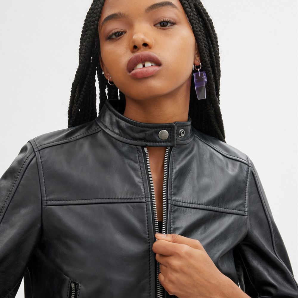 Black Coach Leather Racing Jacket | COH865928