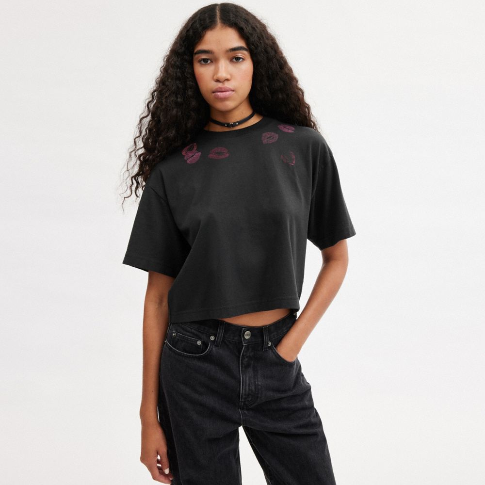 Black Coach Lip Print Cropped T Shirt | COH865956
