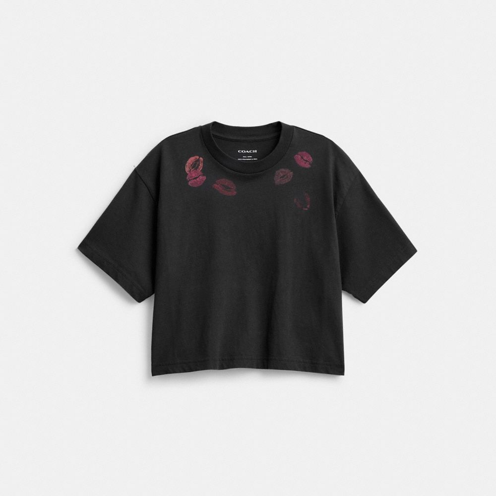 Black Coach Lip Print Cropped T Shirt | COH865956