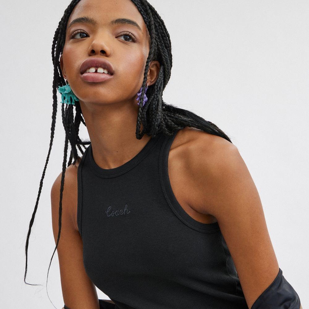 Black Coach Ribbed Script Tank Top | COH865950