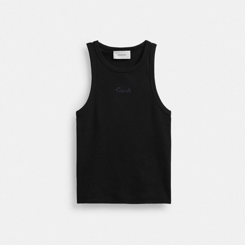 Black Coach Ribbed Script Tank Top | COH865950