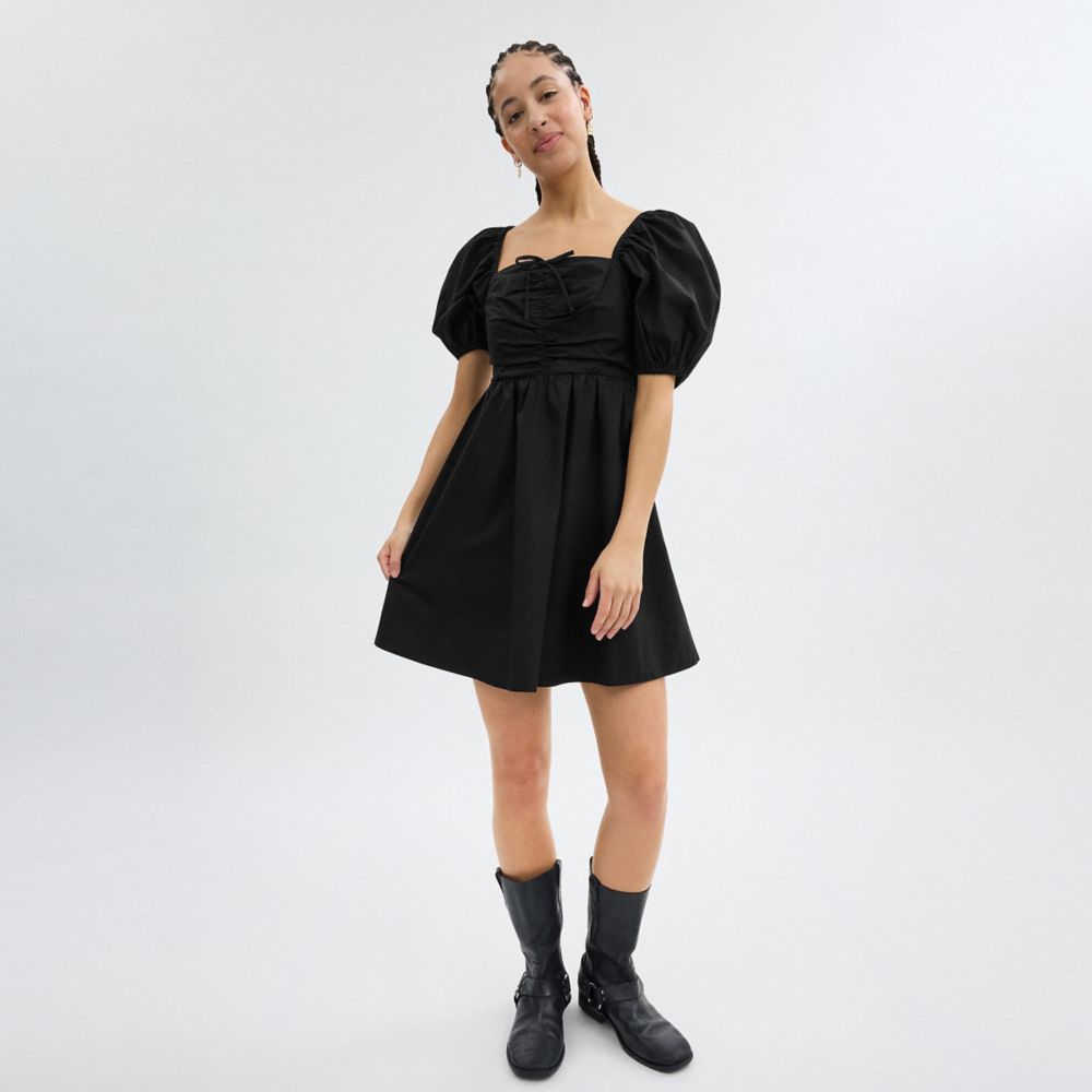 Black Coach Short Dress With Puff Sleeves In Organic Cotton | COH866068