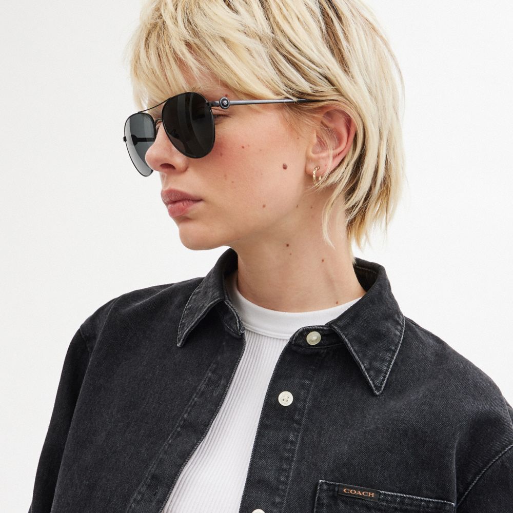 Blackout/Black Coach Metal Aviator Sunglasses | COH866345