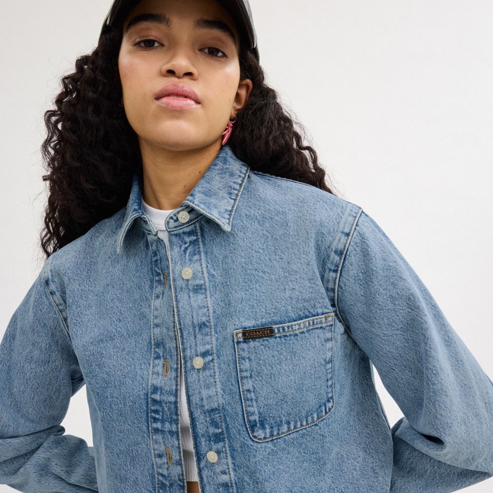 Blue Coach Cropped Denim Button Down | COH865988
