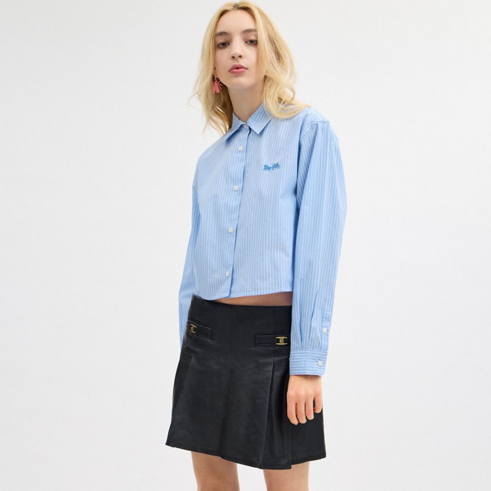 Blue Multi Coach Striped Cropped Button Up Shirt | COH865981