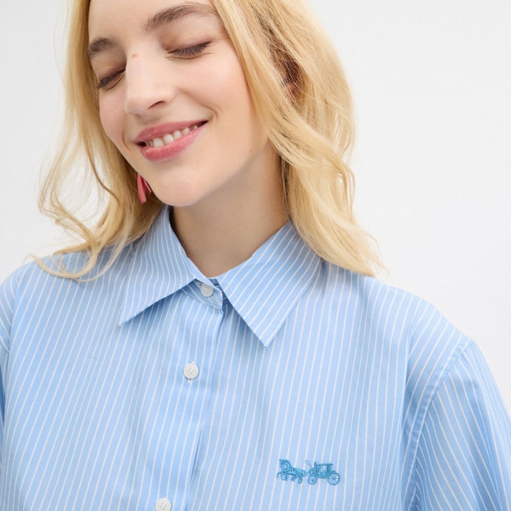 Blue Multi Coach Striped Cropped Button Up Shirt | COH865981