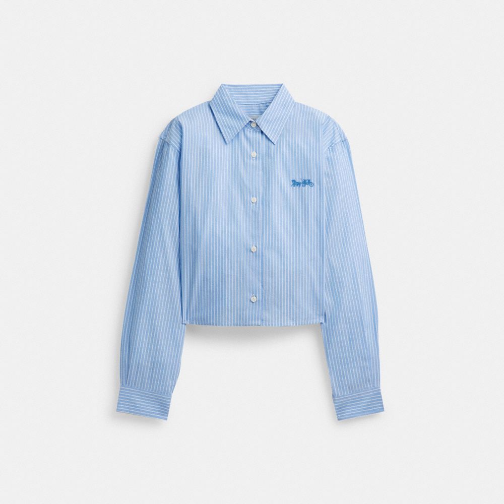 Blue Multi Coach Striped Cropped Button Up Shirt | COH865981