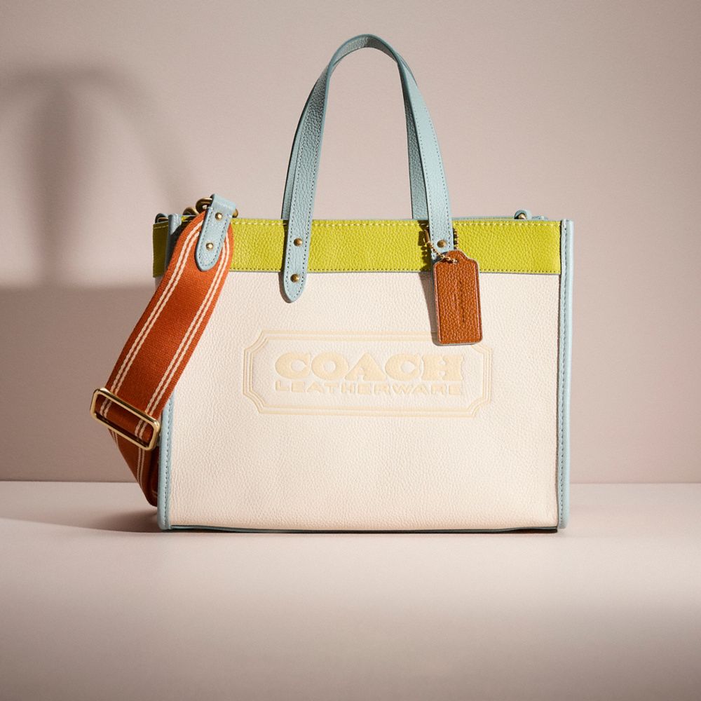 Brass/Chalk Keylime Aqua Coach Restored Field Tote 30 In Colorblock With Badge. | COH865082