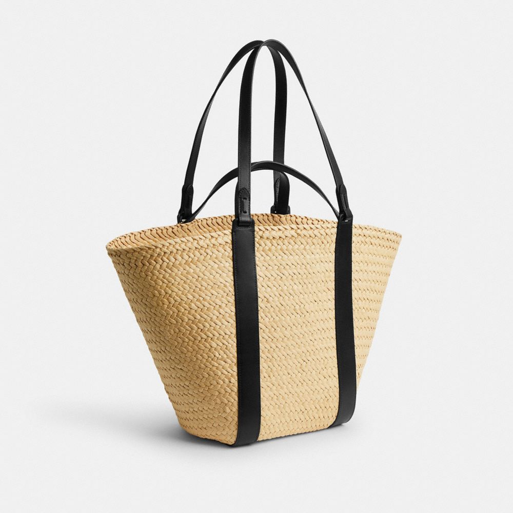 Brass/Natural Coach Straw Pocket Tote | COH865056