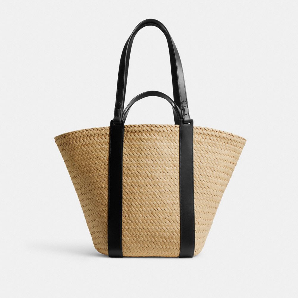 Brass/Natural Coach Straw Pocket Tote | COH865056