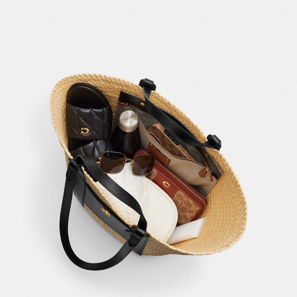 Brass/Natural Coach Straw Pocket Tote | COH865056